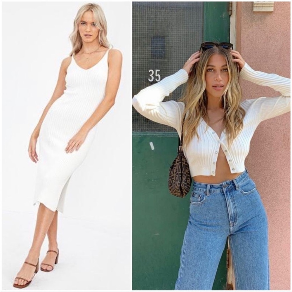 Glassons White Ribbed Knit Cardigan & Dress Set